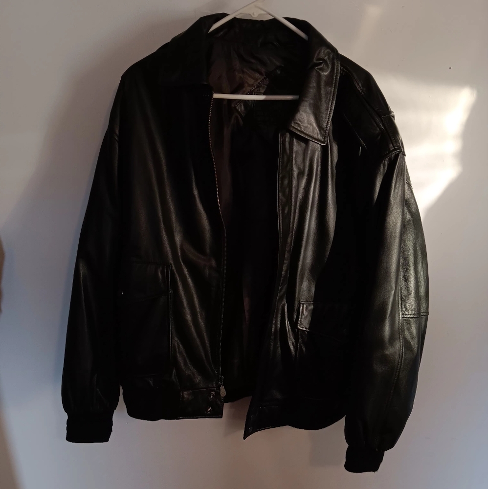 Black leather bomber jacket